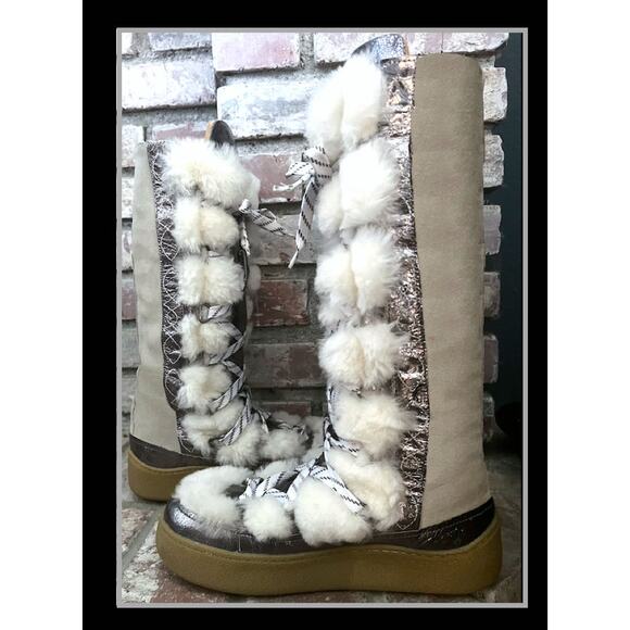 Free People Wilder Mukluk Boots Artic Fox Combo Leather Fuzzy Metallic Size 9 - Picture 4 of 10